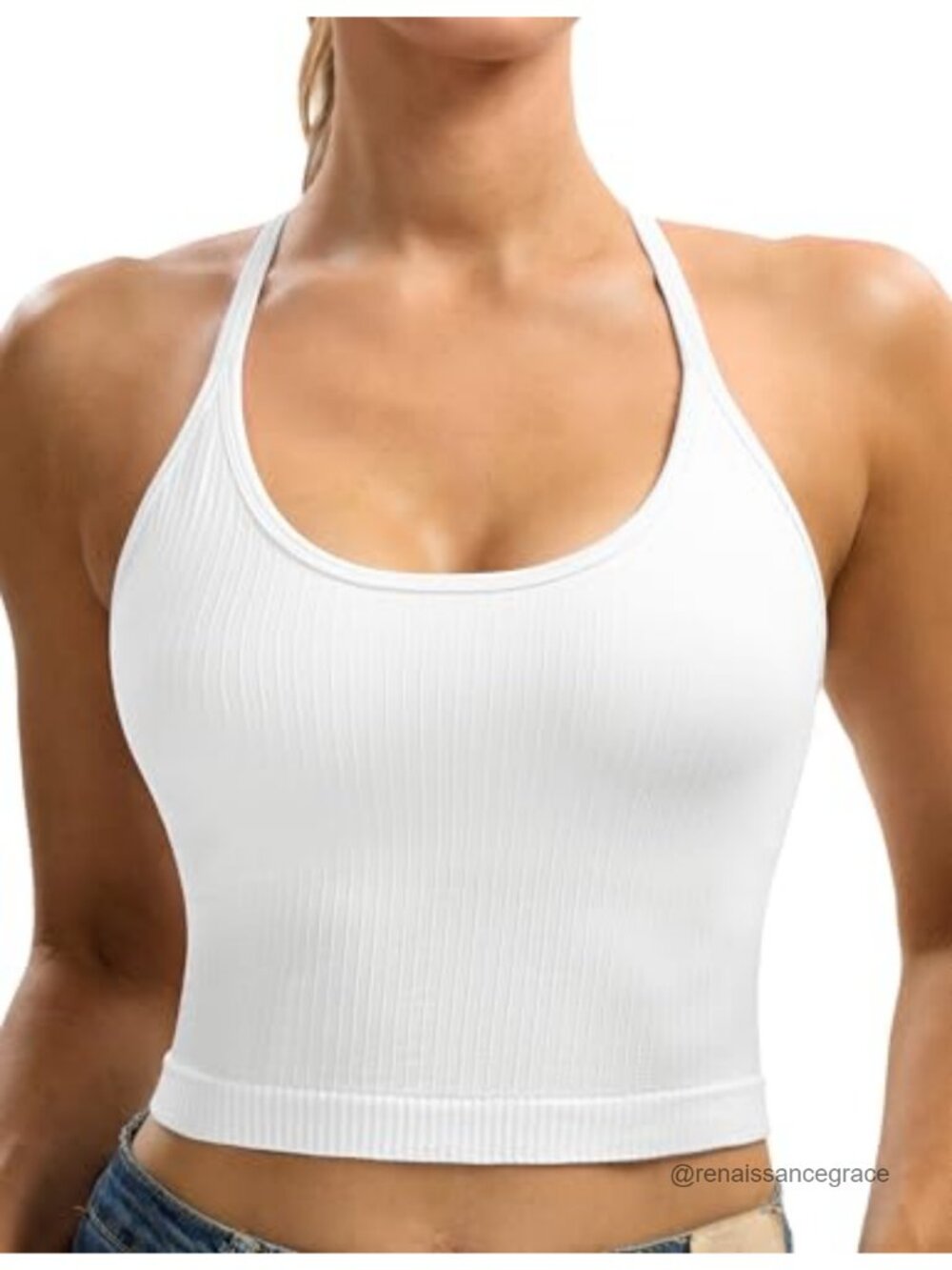 Seamless Ribbed Crop Tank Top Double Criss-Cross Back Built-In Bra Women
